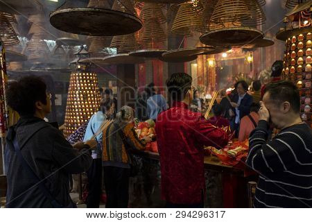 Hong Kong China - March17,2019 : Unidentified People Praying In Hung Hom Kwun Yum Temple One Of Most