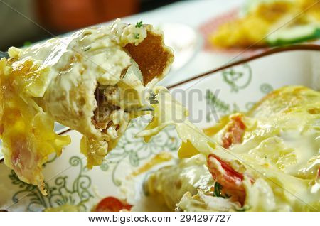 Creamy Pepperjack Chicken Enchiladas, Loaded With Enchilada Sauce, Sour Cream