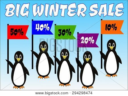 Penguins Group With Percent Flags On Banner Big Winter Sale, Advertisement Of Winter Discount Up To 