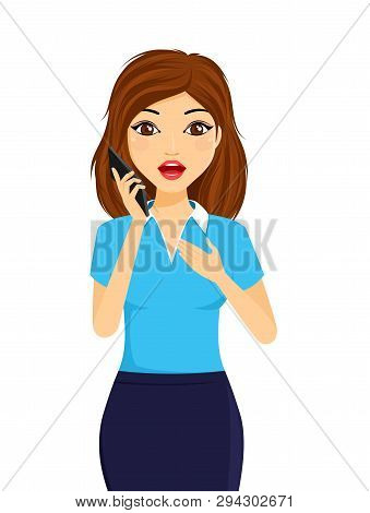 Portrait Of A Young Girl With A Mobile Phone. Girl Was Very Surprised, Holding A Cell Phone. Flat St
