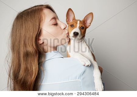 Handsome Redhead Hair Young Female Hugging And Kissing Her Puppy Basenji Dog. Love Between Dog And O