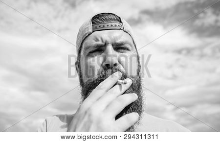 Take It Easy. Smoking Habit Concept. Hipster Thoughtful Concentrated Face With Smoke Flying Out Of M