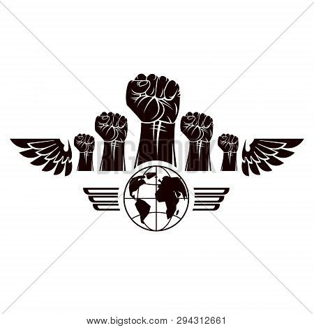Clenched Fists Of Angry People Winged Vector Emblem Composed With Earth Globe Symbol. Civil War Abst