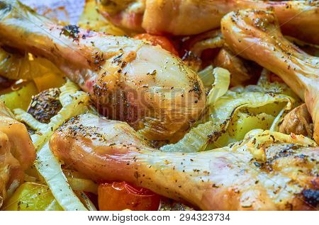 Baked Roast Chicken Legs With Tomatoes, Onions, Potatoes, Mushrooms