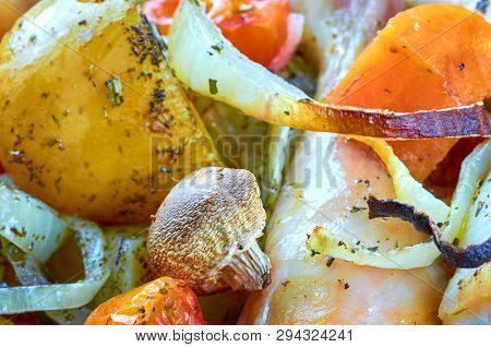 Baked Roast Chicken Legs With Tomatoes, Onions, Potatoes, Mushrooms