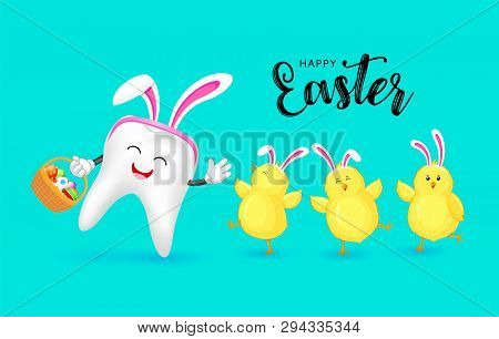 Cute Cartoon Rabbit Tooth Character Design With Easter Eggs And  Little Chicks. Happy Easter Holiday