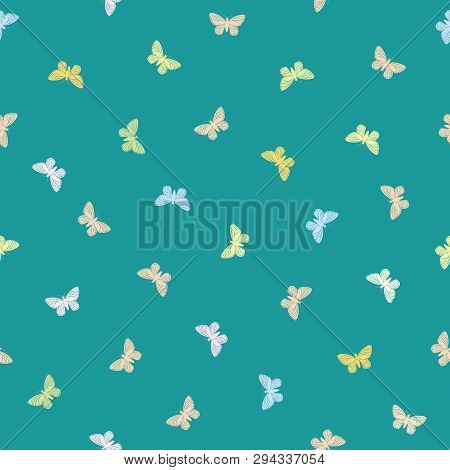 Multicolor Pastel Butterflies In Multidirectional Design. Seamless Hand Drawn Vector Pattern On Vibr