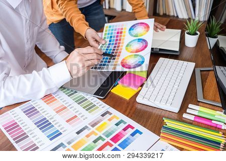 Team Worker, Two Colleague Creative Graphic Designer Working On Color Selection And Color Swatches, 