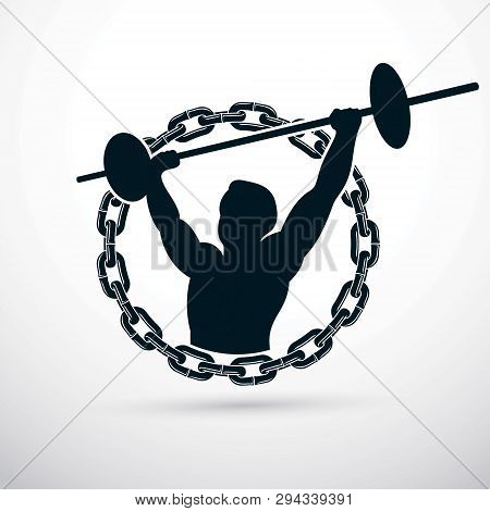 Vector Illustration Of Muscular Bodybuilder Holding Barbell. Power Lifting Competition, Champion Bod