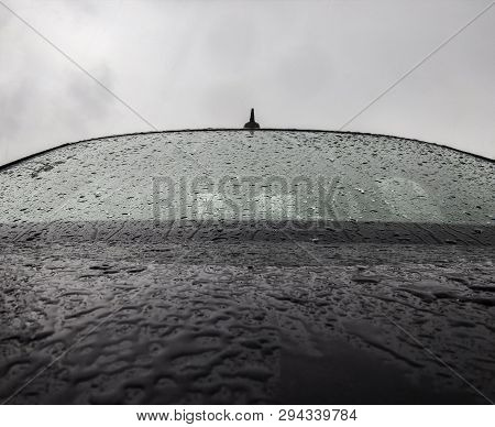 Car Detail On Raining Cloudy Day - Raindrops On Vehicle Window - Automobile Details Raindrop Sliding
