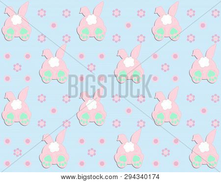 Rabbit Pattern Texture. Cute Vector Cartoon Background. Bunny Foot And Tail Rabbit Children Decorati