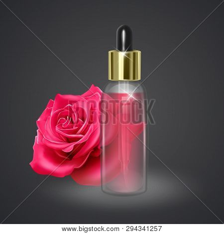 Jar With Rose Oil On The Background Of A Red Rose, Realistic Jar With Pipette On Dark Background, 3d