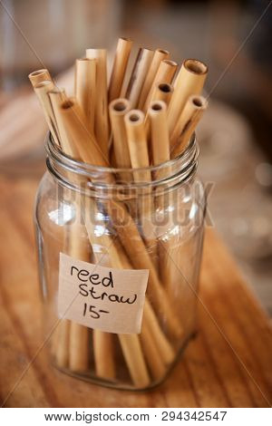 Close Up Of Reed Drinking Straws In Sustainable Plastic Free Grocery Store