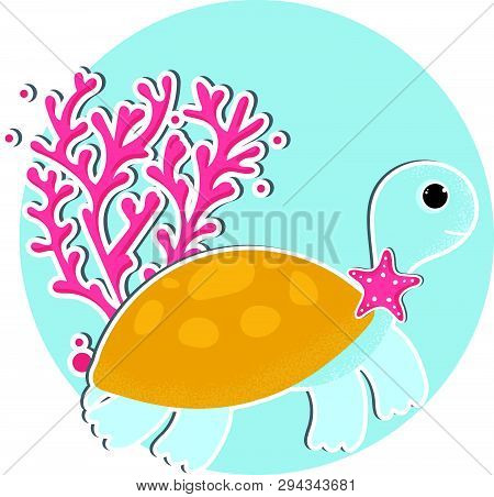 Vector Illustration. Cartoon Turtle With Sea Star Icon In Modern Flat Style. Ocean Animal Character 