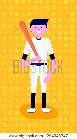 Vector Illustration. Baseball Cartoon Character In Flat Style. Baseball Player With Willow In Yellow