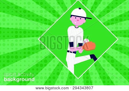 Vector Illustration. Baseball Cartoon Character In Flat Style. Baseball Player With Glove And Ball. 