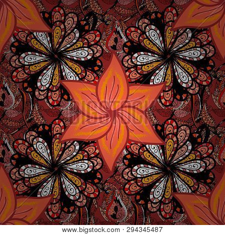 Embroidery Floral Seamless Pattern. Colorful Grunge Flourish Abstract Background With Coloblack, Ora