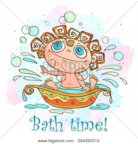 The Little Baby Is Bathed. Time To Bathe Inscription. Vector.