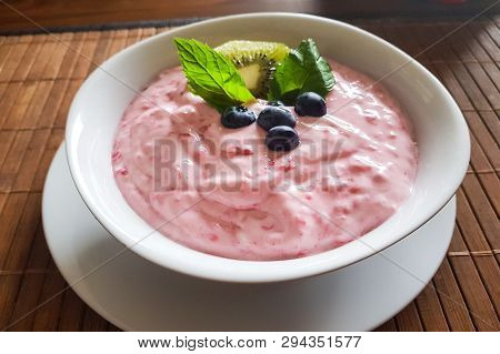 Healthy Protein Breakfast, Quark Dip, Linseed Oil With Omega 3, Fresh Fruits And Rustic Wholemeal Br