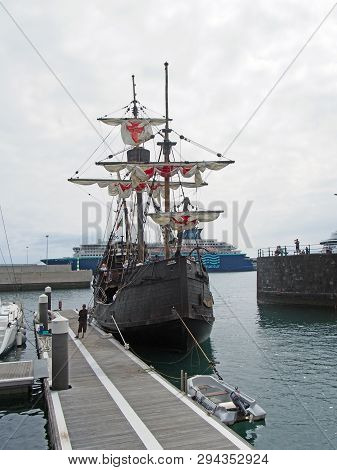 funchal, madeira, portugal - the replica santa maria sailing ship moored in funchal harbor before stetting off on a coastal cruise