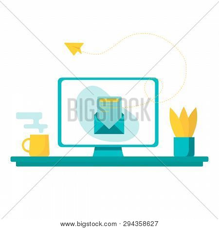 Flat Illustration Of Workplace. On The Table Is A Mono Block, A Cup Of Coffee And A Plant. From The 