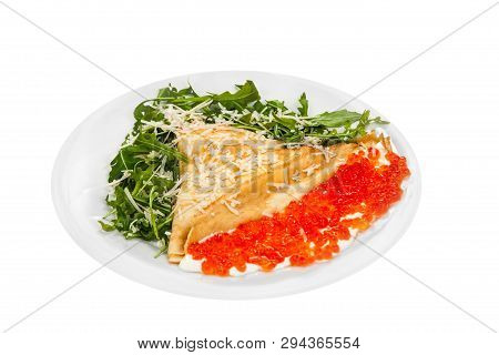 Tasty Thin Pancake With Red Caviar And Chease On Plate Isolated On White Background. Fresh Homemade 