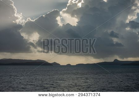 Whitsunday Island, Australia - February 16, 2019: Wide Panorama Shot Of Black Clouds Storm Over Whit