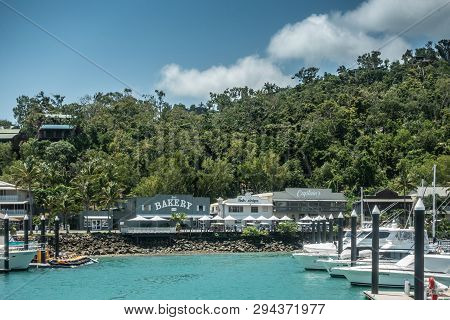 Hamilton Island, Australia - February 16, 2019: Bakery, Captains And Other Eateries On Front Street 