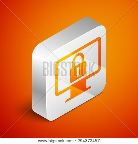 Isometric Lock On Computer Monitor Screen Icon Isolated On Orange Background. Monitor And Padlock. S