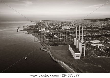 Besos thermic power plant aerial view in Barcelona coast Spain.