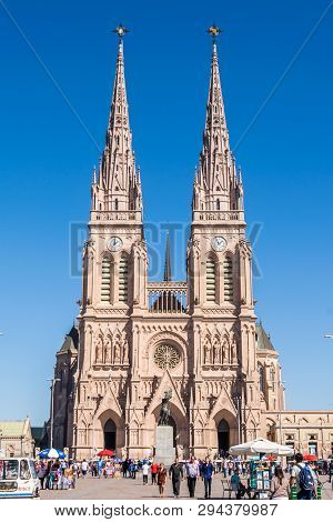 Lujan, Buenos Aires, Argentina, April 7, 2019: View Of Gothic Lujan Basilica Near Buenos Aires, Arge