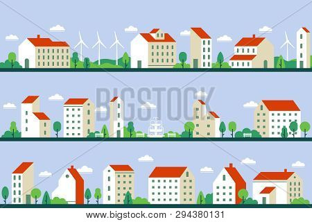 Minimal City Panorama. Townhouses Buildings, Townscape And Cityscape Building Geometric Style Flat V