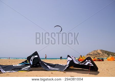 Rhodes Island , Prassonisi Beach, 23 July 2018 , Greece.unidentified Kitesurfers Practicing Kitesurf