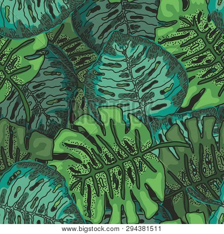 Bright Seamless Pattern With Overlay Black Outline Green And Blue Tropical Monstera Leaves. Trendy F