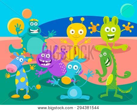 Cartoon Illustrations Of Fantasy Monsters Or Aliens Comic Characters Group In Funny World