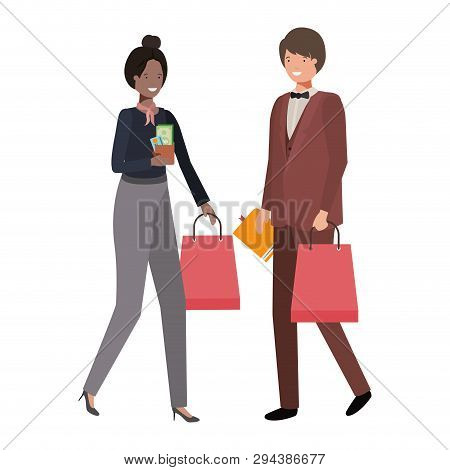 Couple Young With Shopping Bag Avatar Character Vector Illustration Desing