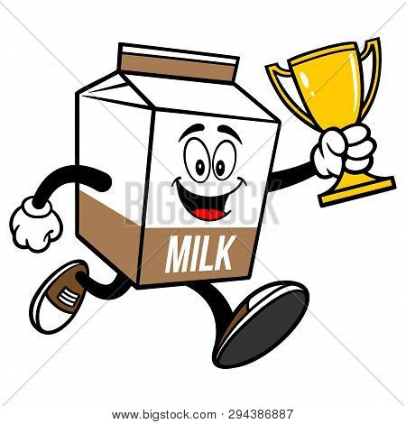 Chocolate Milk Carton Mascot Running With A Trophy  - A Cartoon Illustration Of A Chocolate Milk Car