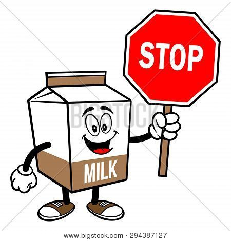 Chocolate Milk Carton Mascot With A Stop Sign - A Cartoon Illustration Of A Chocolate Milk Carton Ma