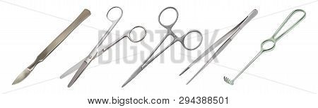 Set Of Surgical Instruments. Tweezers, All-metal Reusable Scalpel, Clip With Fastener, Straight Scis