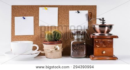 Coffe Time Mockup Banner. Manual Coffee Grinder, A Jar Of Coffee Beans, A White Cup, A Desktop With 