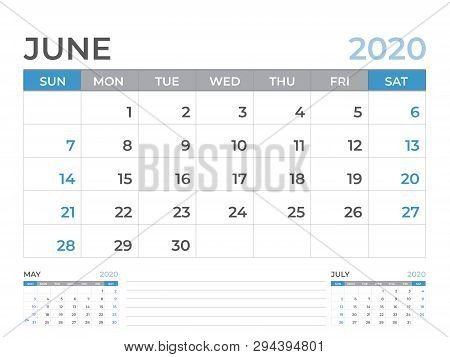 June 2020 Calendar Template, Desk Calendar Layout  Size 8 X 6 Inch, Planner Design, Week Starts On S