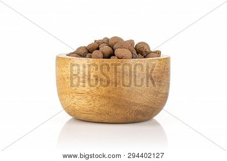 Lot Of Whole Brown Clay Pebbles (leca) With Wooden Bowl Isolated On White Background