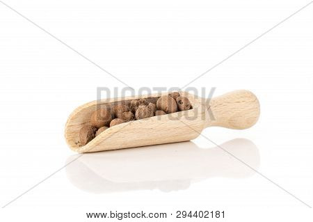 Lot Of Whole Brown Clay Pebbles (leca) With Wooden Scoop Isolated On White Background