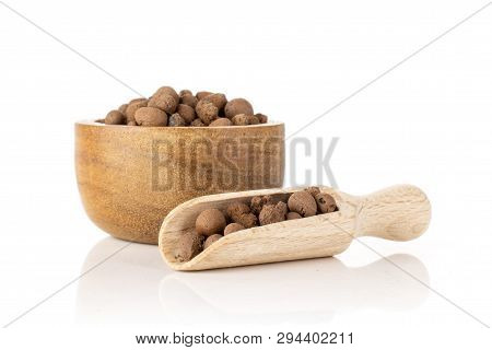 Lot Of Whole Brown Clay Pebbles (leca) With Wooden Bowl And Wooden Scoop Isolated On White Backgroun