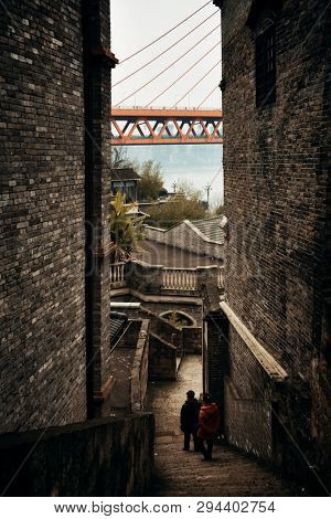 Dongshuimen Bridge viewed from Xiahao Old street in Chongqing, China.