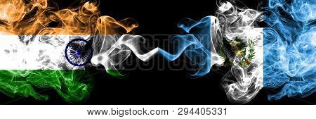 India Vs Guatemala, Guatemalan Smoke Flags Placed Side By Side. Thick Colored Silky Smoke Flags Of I