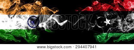 India Vs Libya, Libyan Smoke Flags Placed Side By Side. Thick Colored Silky Smoke Flags Of Indian An