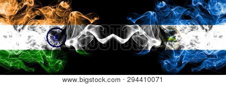 India Vs Nicaragua, Nicaraguan Smoke Flags Placed Side By Side. Thick Colored Silky Smoke Flags Of I