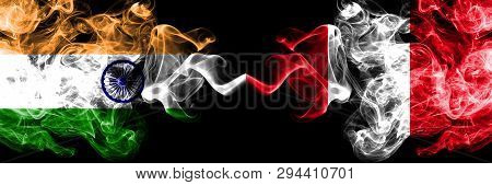 India Vs Peru, Peruan Smoke Flags Placed Side By Side. Thick Colored Silky Smoke Flags Of Indian And