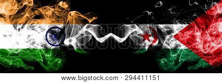 India Vs Sahrawi Smoke Flags Placed Side By Side. Thick Colored Silky Smoke Flags Of Indian And Sahr